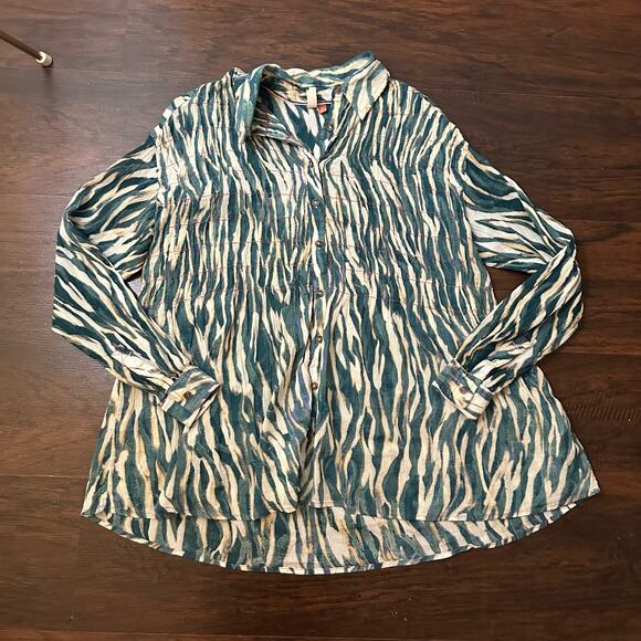 Pilcro Anthropologie cream & teal striped button down long sleeve shirt size XS - Picture 7 of 13